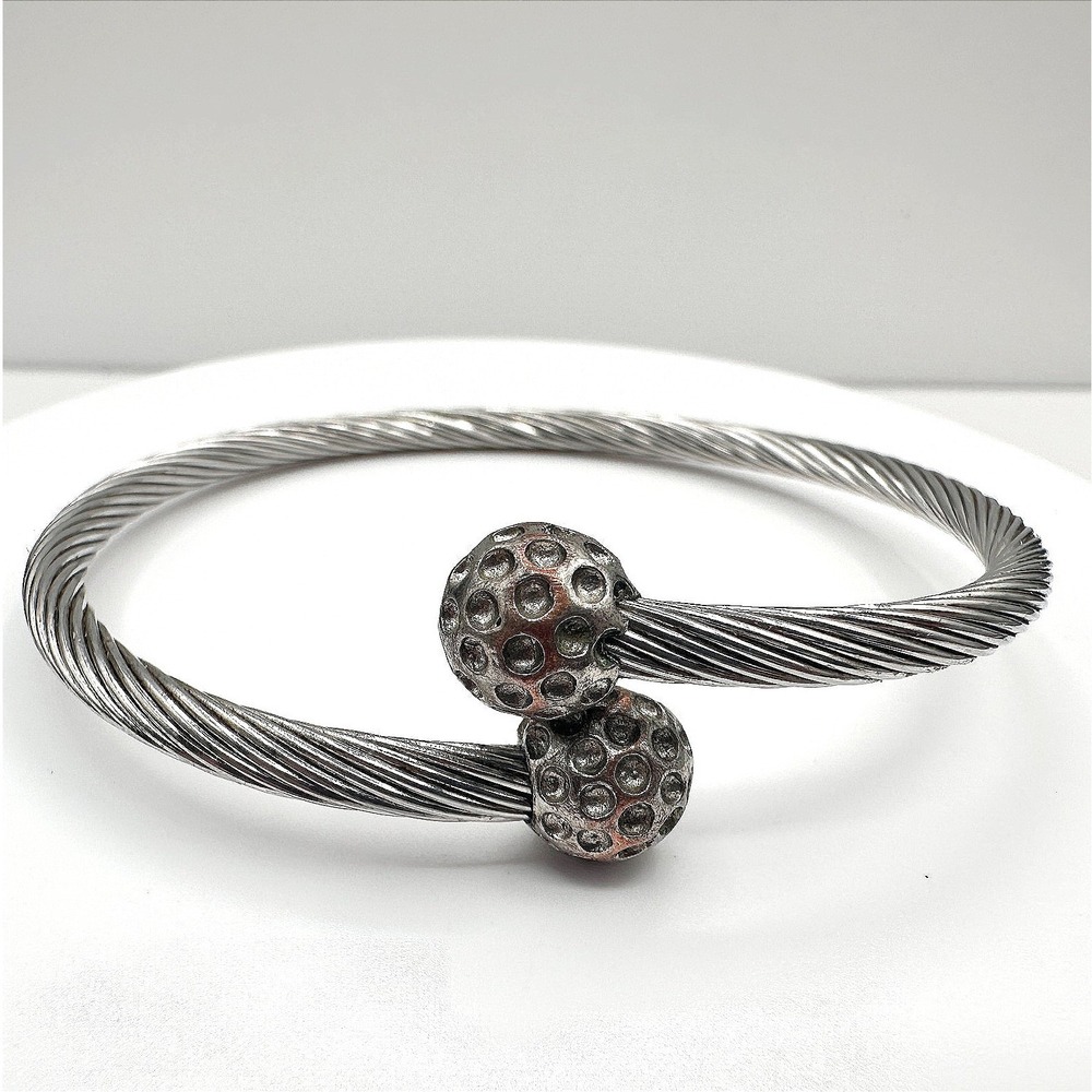 Vintage 90s Silver Tone Twisted Cable Cuff Bracelet Textured Boho Ball Jewelry